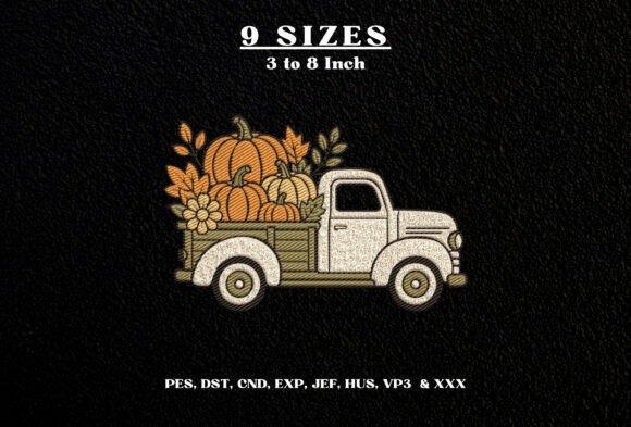 Vintage pickup truck loaded with pumpkins, autumn leaves, and florals embroidery design in pumpkin embroidery designs