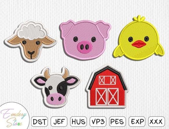 Animal embroidery designs featuring a sheep, pig, chick, cow, and red barn in a farm theme