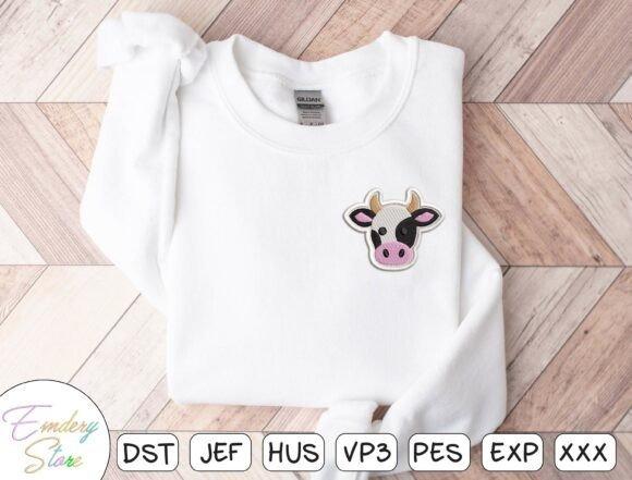 White shirt with a small embroidered cow patch in black, white, and pink colors for animal embroidery