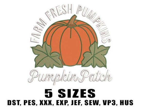 Pumpkin embroidery designs featuring a large orange pumpkin with green leaves and text Farm Fresh Pumpkins Pumpkin Patch