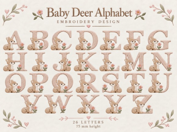 Etsy embroidery files for machine embroidery projects featuring a baby deer alphabet with 26 letters and floral accents