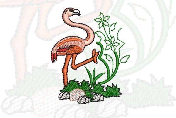 Flamingo bird embroidery design with green plants and rocks, showcasing bird embroidery designs