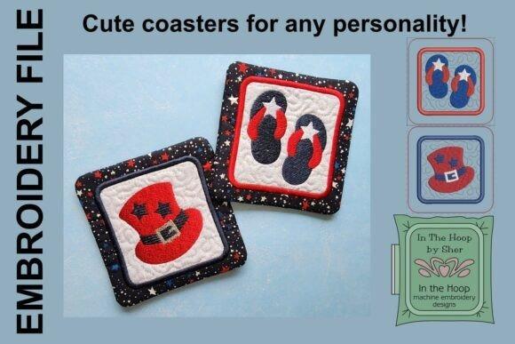 4x4 machine embroidery projects featuring patriotic flip flop and hat coasters with star patterns