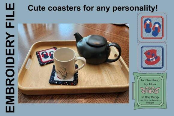 4x4 machine embroidery projects featuring patriotic flip flop and hat coasters on a wooden tray with a teapot and mug
