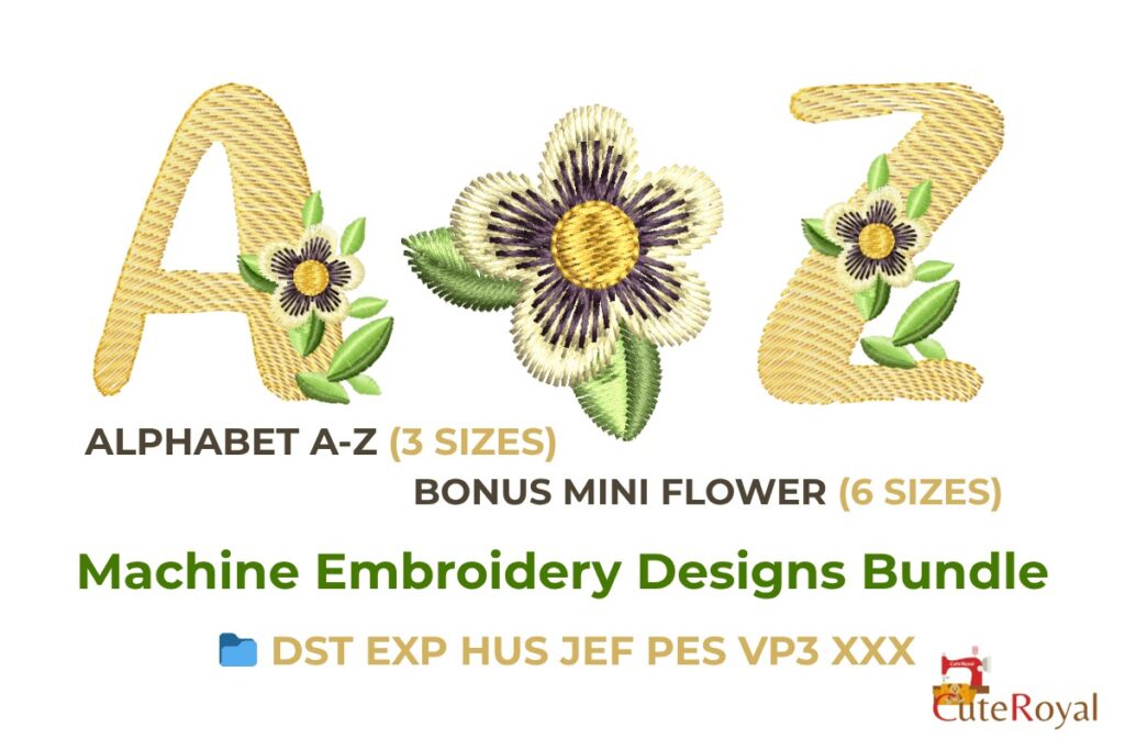 Embroidery alphabet designs featuring letters A and Z with floral accents and a separate embroidered flower in multiple sizes