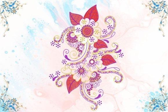 Floral embroidered jacket back motif with purple and red flowers and leaves on light background