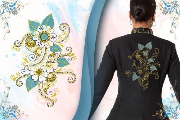 Embroidered jacket with a floral back motif featuring blue, white, and yellow flowers and decorative swirls