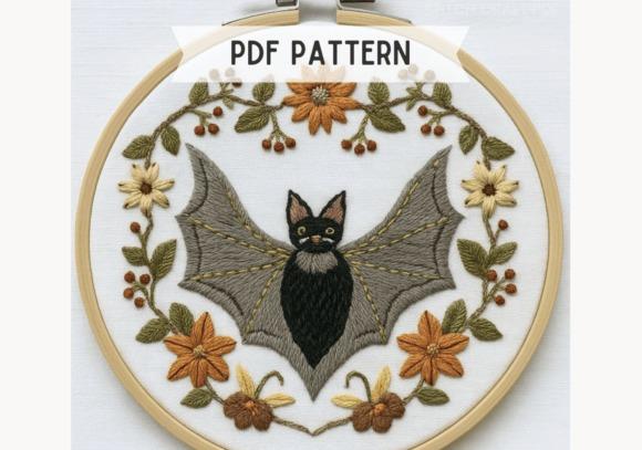 Fall embroidery patterns featuring a floral bat wreath with autumn leaves and flowers in a circular hoop