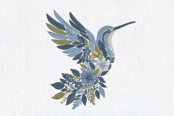 Stylized hummingbird embroidery formed with blue flowers and botanical leaves in a cohesive color palette