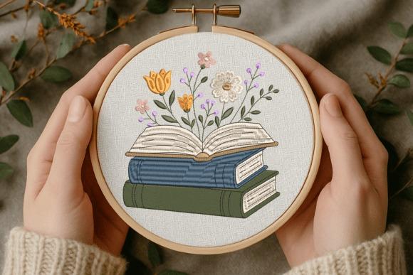 Tote bag embroidery design featuring stacked books with flowers growing from the open book