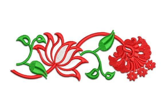 Floral border design embroidery with red flowers and green leaves for wedding veil embroidery