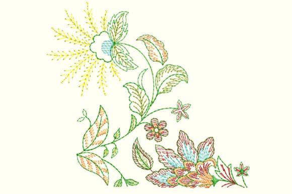 Floral botanical embroidery design with flowers, leaves, and stems in soft colors for flower embroidery designs
