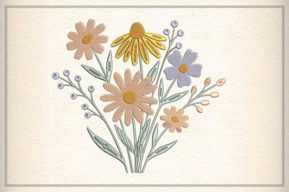 Floral bouquet embroidery design with pastel flowers and green leaves for tote bag embroidery