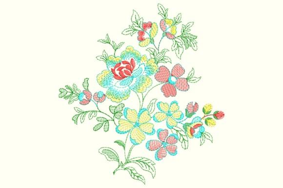 Floral branch machine embroidery design with colorful flowers and leaves for wedding dress embroidery