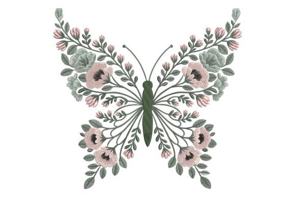 Butterfly embroidery with floral decorations in soft pink and green tones