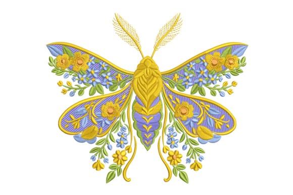 Butterfly embroidery with symmetrical floral patterns in yellow, blue, and green threads