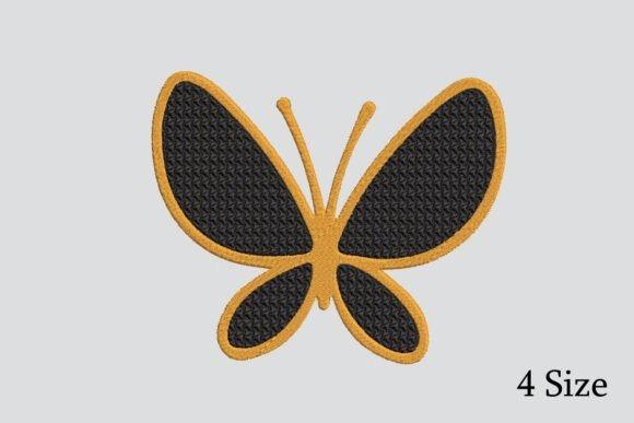 Butterfly embroidery design with black textured wings and orange outline in four sizes