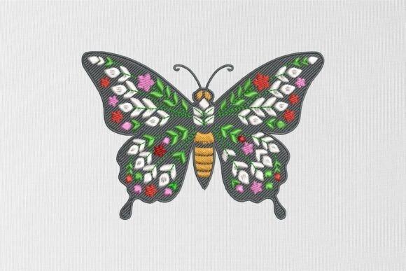 Butterfly embroidery with floral accents in green, white, red, and pink on gray fabric