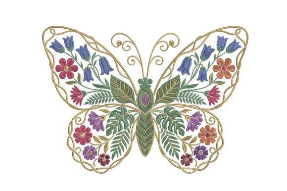 Embroidered jacket design featuring a floral butterfly with botanical decorations in various colors