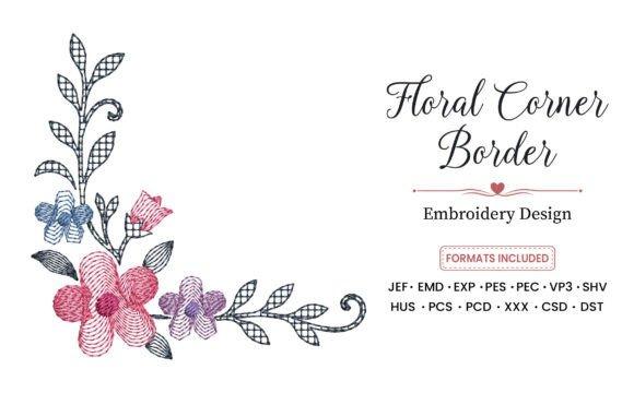 Floral corner border embroidery design with pink, purple, and blue flowers and leafy branches for wedding dress embroidery