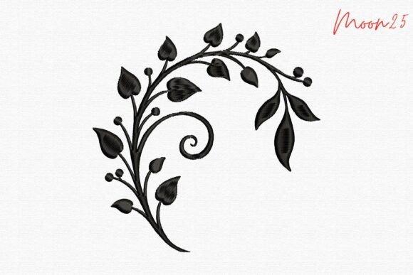 Monochrome wedding dress embroidery with leaves, buds, and vines in a flowing corner design