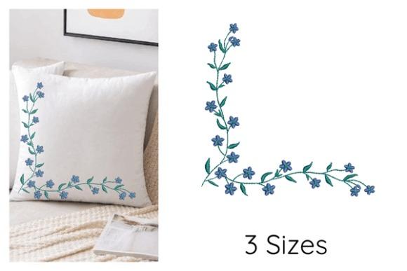Floral corner embroidery design with small blue flowers and green stems for wedding veil embroidery