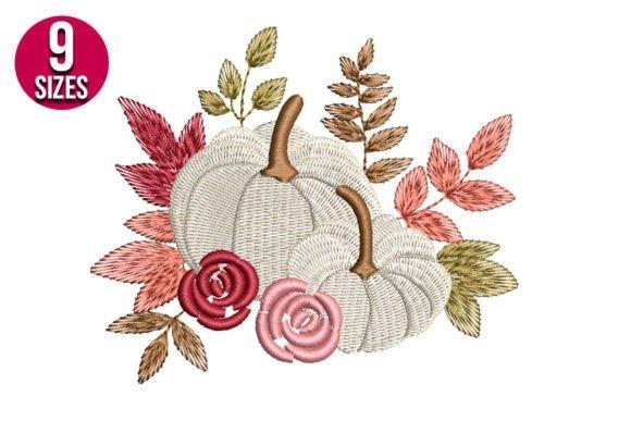 Floral fall pumpkin embroidery design with white pumpkins and colorful leaves and flowers — pumpkin embroidery designs