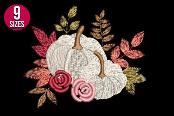White pumpkin embroidery design with pink floral accents and autumn leaves in various colors — pumpkin embroidery designs