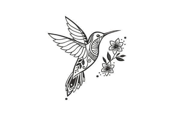 hummingbird embroidery design with floral elements in black and white