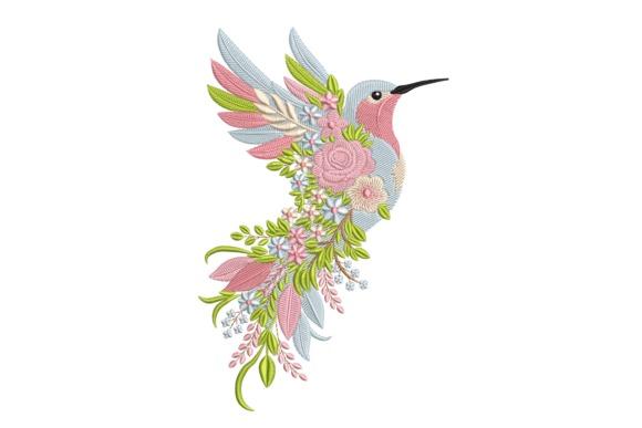 hummingbird embroidery with pastel flowers and flowing greenery in vertical design