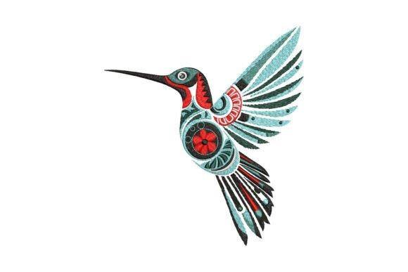 Hummingbird embroidery design with floral and geometric patterns in teal, red, and black colors