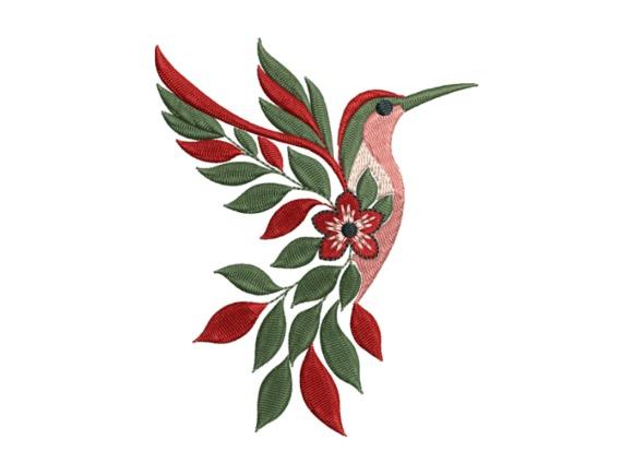 hummingbird embroidery with red and green floral leaves and flower