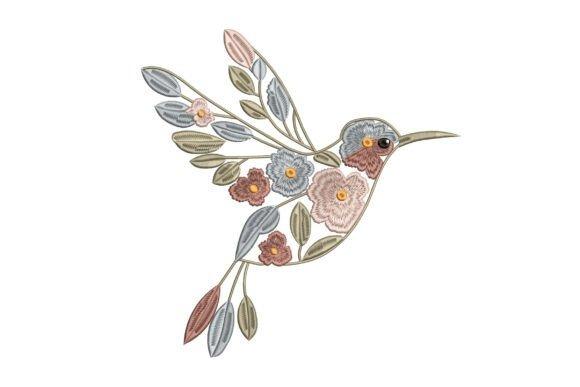 Detailed hummingbird embroidery with floral patterns in soft pastel colors