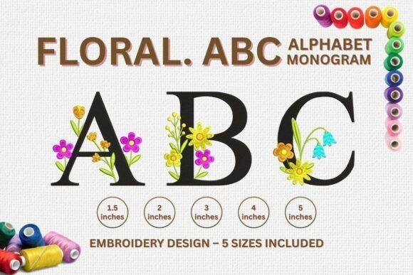 Floral monogram embroidery letters A B C with flowers and leaves in five sizes from 1.5 to 5 inches