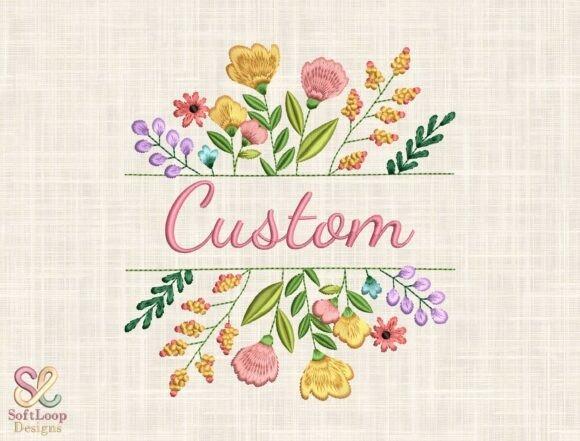 Floral name embroidery ideas with custom script surrounded by colorful wildflowers and leafy accents