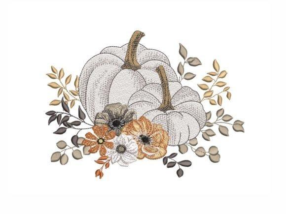 Floral pumpkin embroidery design with two white pumpkins and autumn flowers in beige, brown — pumpkin embroidery designs