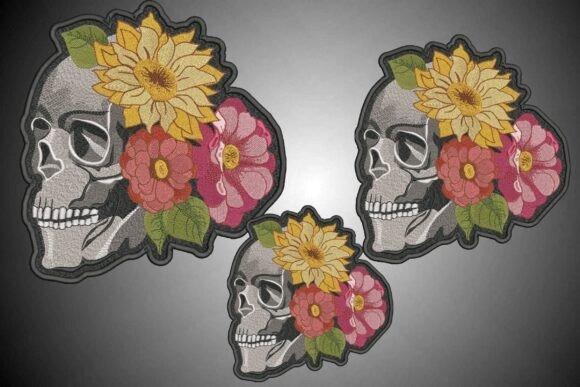 Machine embroidery patch featuring a detailed skull with colorful flowers and stitched border