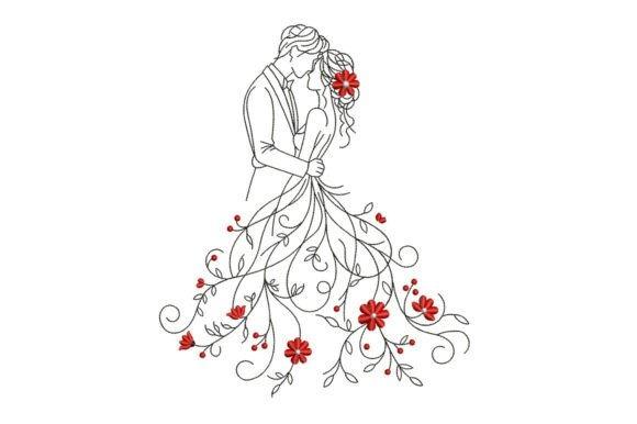 Embroidered wedding gift design of a bride and groom with floral motifs in the bride's dress and hair