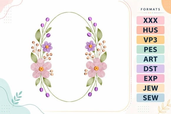 Etsy embroidery files for machine embroidery projects featuring a floral wreath ripple frame with purple and pink flowers