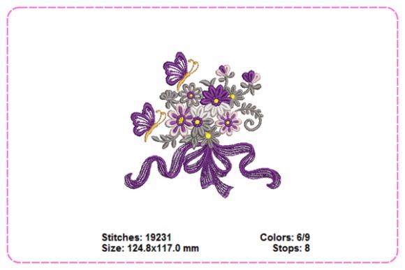 Butterfly embroidery with purple flowers and ribbon in a combined botanical design