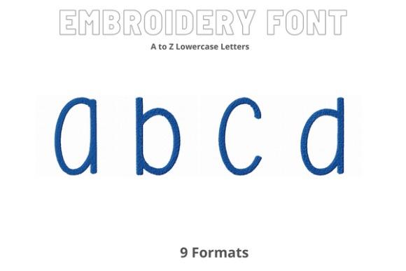Embroidery alphabet designs showing lowercase letters a, b, c, d in blue thread