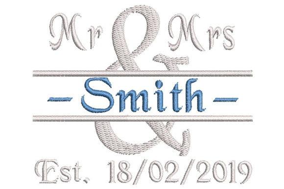 Embroidered wedding gift design with Mr and Mrs split, customizable surname Smith and date 18/02/2019
