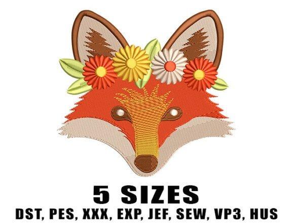 Fox autumn embroidery design with floral crown in fall embroidery designs