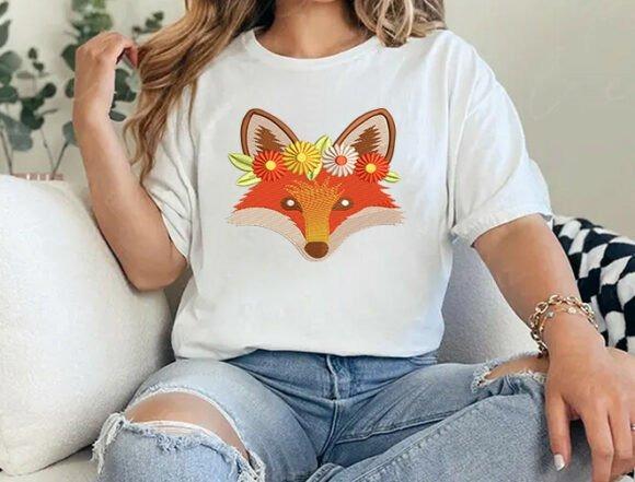 Fox autumn embroidery design with floral crown on white t-shirt — fall embroidery designs