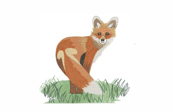 Fox embroidery design in orange and white standing in green grass, animal embroidery