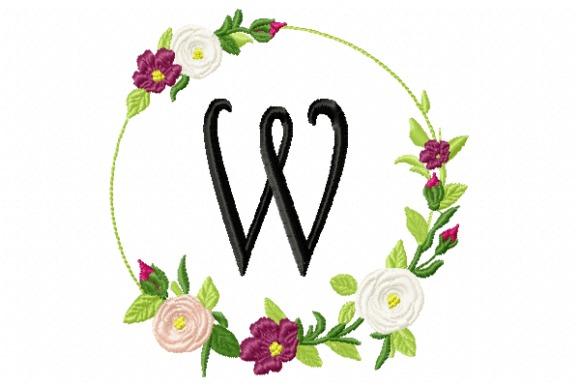 Wedding embroidery hoop designs featuring a monogram letter W surrounded by roses and green leaves in a circular frame