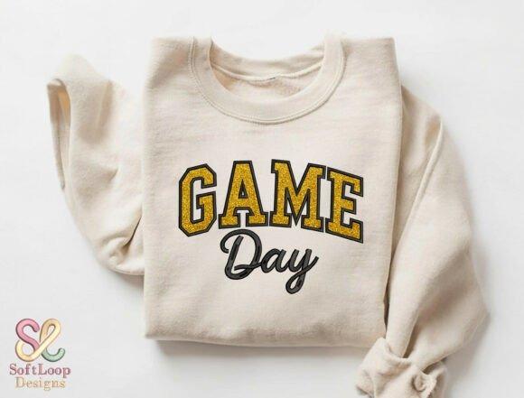 Cream sweatshirt with bold varsity-style embroidery reading 'GAME' in yellow and black, and — embroidery sweatshirt ideas