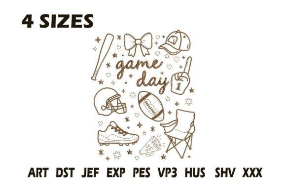 Game Day Sports embroidery design with baseball bat, cap, bow, helmet, football, shoe, foam finger, and — Embroidery Shirt