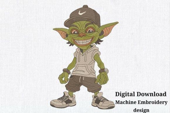 Embroidered hoodie ideas featuring a cheerful goblin in sneakers, shorts, and a cap with streetwear style