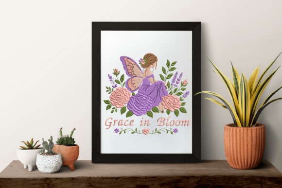 Etsy embroidery files for machine embroidery projects featuring a fairy with purple wings surrounded by flowers in a black